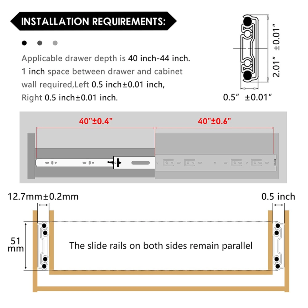 Heavy Duty Drawer Slides 40 Inch Full Extension Ball Bearing Cabinet Telescoping Slide Rails Tool Box Runner Track Slides 100 Lb Load Capacity Side Mount 1 Pair